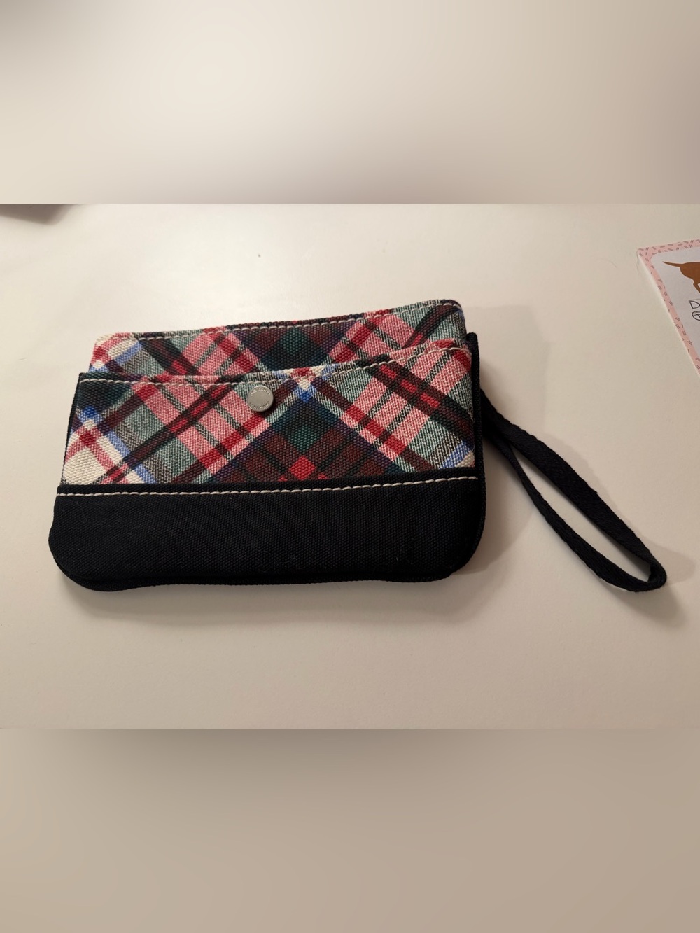 Lands End Plaid Canvas Wristlet Clutch Wallet - Black and Pink